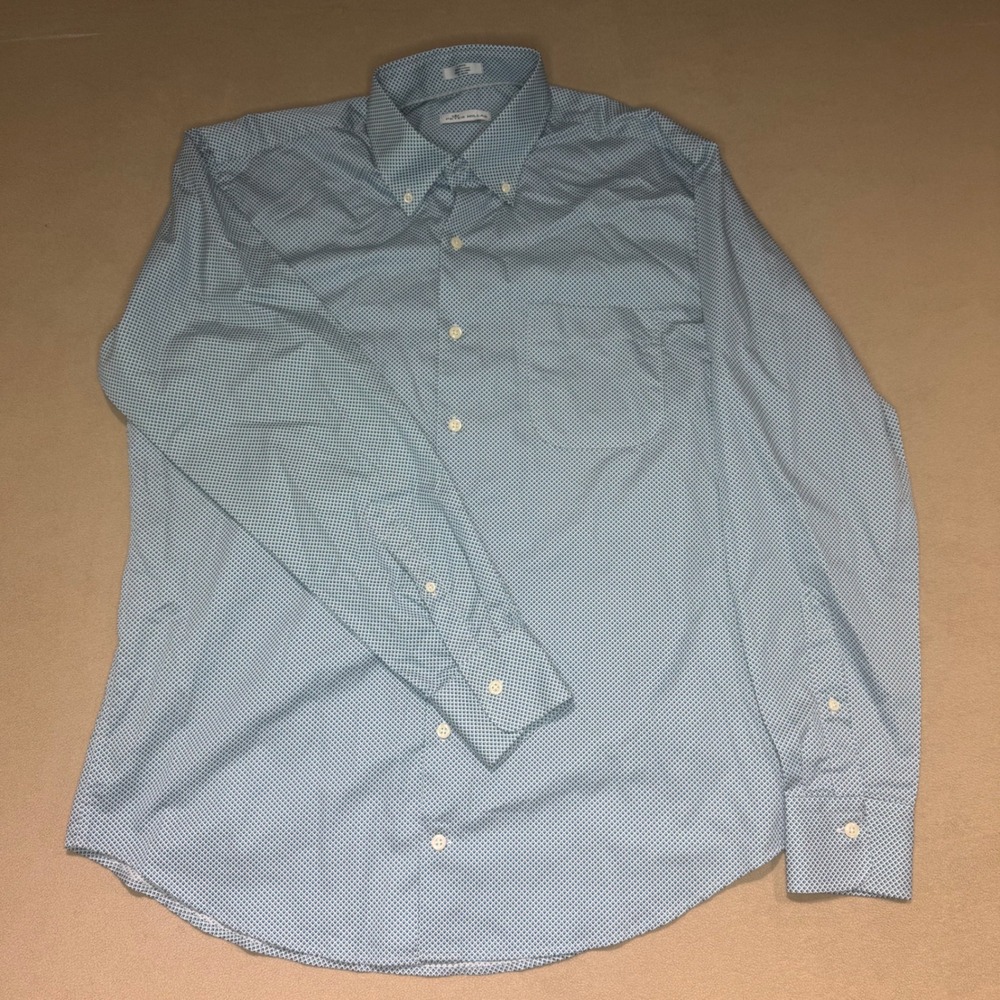 Peter Millar Mens Large Blue White Geometric Diamond Print Cotton Button Down